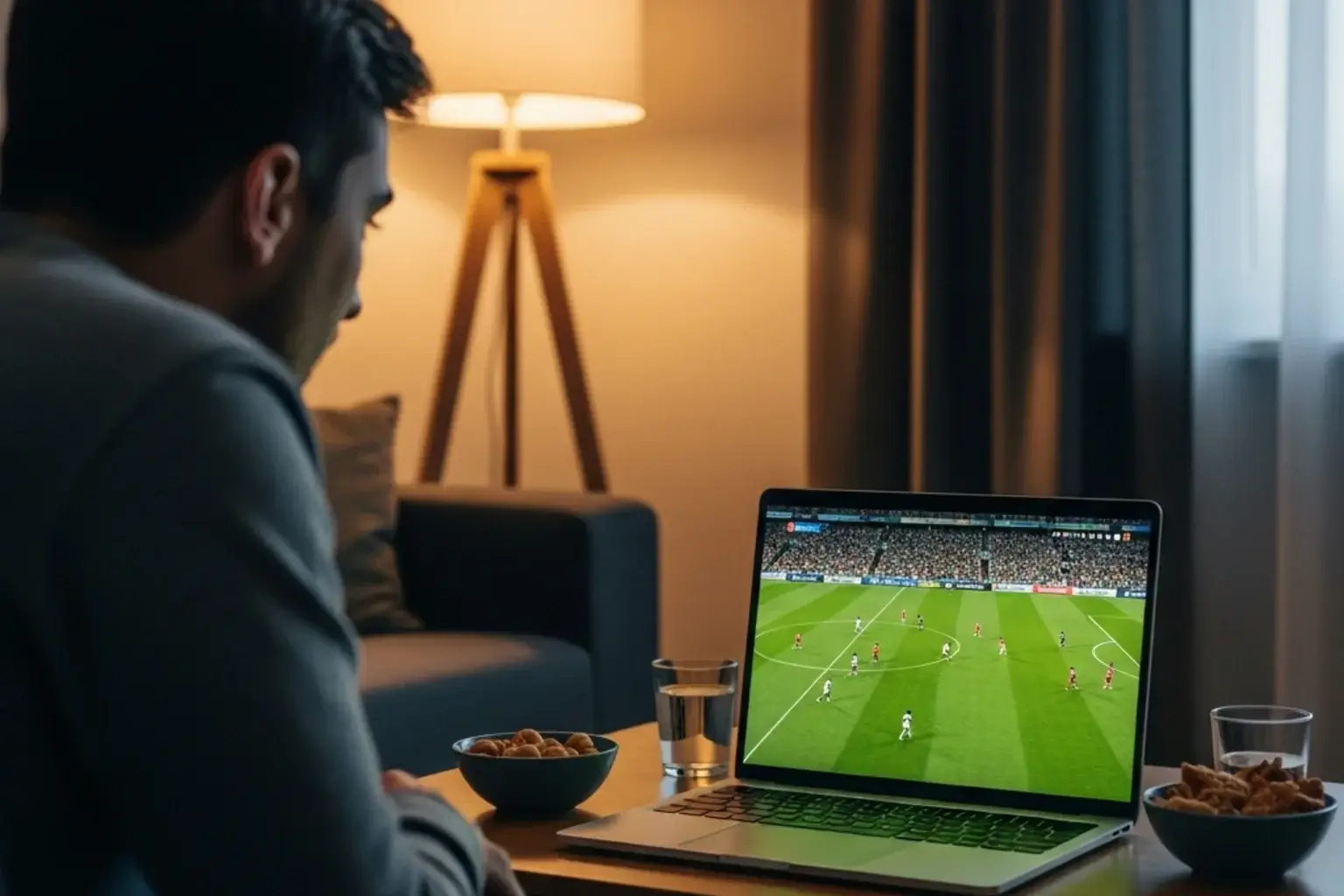 Aficionado viendo un partido de la Ligue 1 en una plataforma de streaming en su ordenador portátil